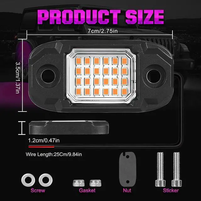 Alt view image 2 of 7 - 4 Pods Purple Rock Lights 24 LEDs Chips Waterproof Neon Trail Rig Lamp Underglow Light for Car Truck Motorcycle Boat SUV ATV UTV