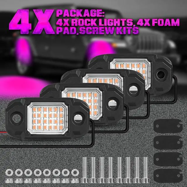 Alt view image 7 of 7 - 4 Pods Purple Rock Lights 24 LEDs Chips Waterproof Neon Trail Rig Lamp Underglow Light for Car Truck Motorcycle Boat SUV ATV UTV