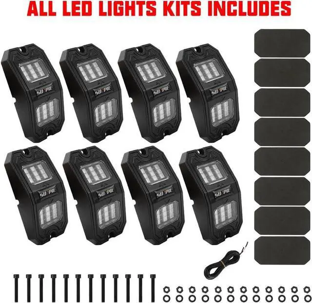 Alt view image 4 of 6 - SUNPIE Wide Angle 8 Pods Red Rock Lights for Off Road Truck Car ATV UTV SUV Motorcycle Under Body Glow Light Lamp Fender Lighting, 32.8Ft Extension Wires Provided