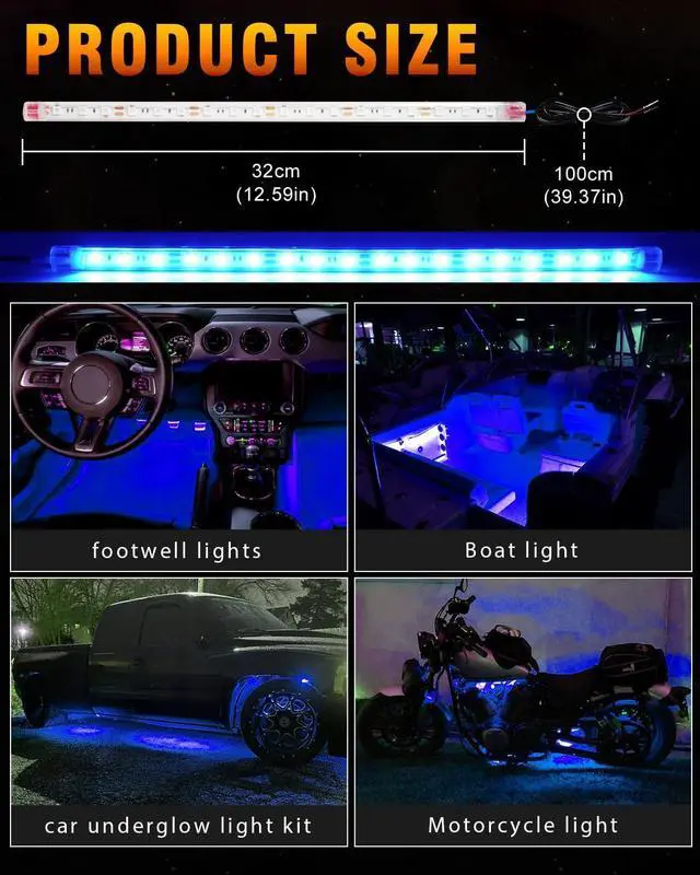 Alt view image 2 of 6 - Qasim LED Strip Lights Car Boat Truck Interior Exterior Lighting, Waterproof Auto Front Grill Ambient Lighting, Golf Cart Motorcycles Underglow LED Light Blue 32CM 12V-Pack of 6