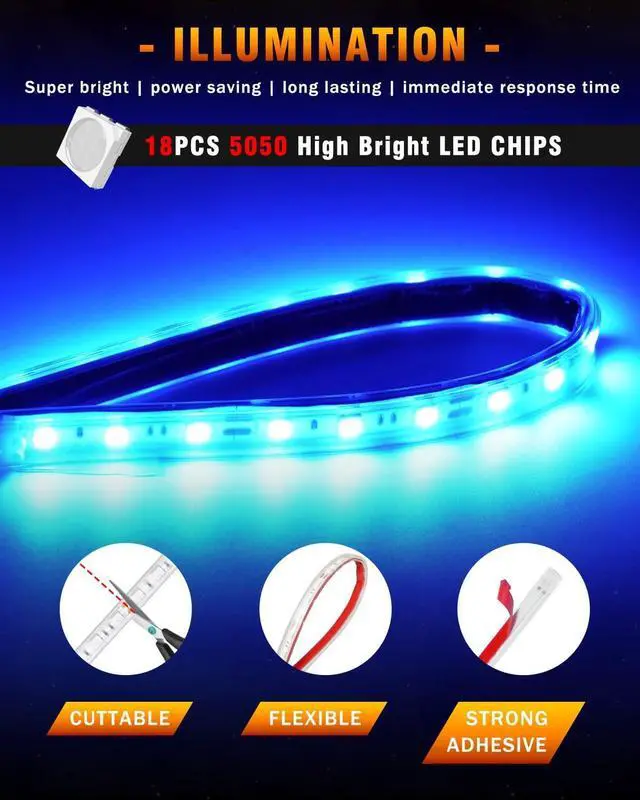 Alt view image 5 of 6 - Qasim LED Strip Lights Car Boat Truck Interior Exterior Lighting, Waterproof Auto Front Grill Ambient Lighting, Golf Cart Motorcycles Underglow LED Light Blue 32CM 12V-Pack of 6