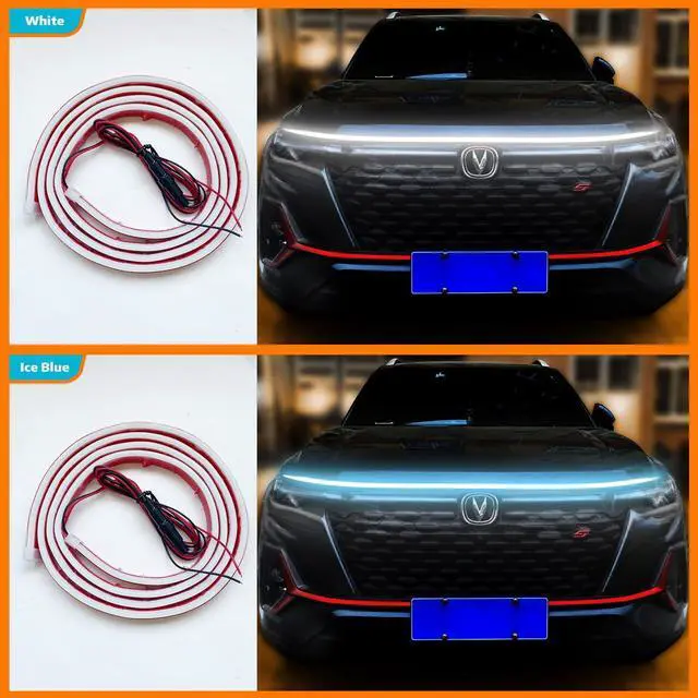 Alt view image 3 of 6 - Car Hood LED Light Strip Exterior Flexible Dynamic Scan Daytime Running for Hoodbeam Kit 12v Silicone Waterproof Lights for Cars SUVs(Ice Blue,70IN)
