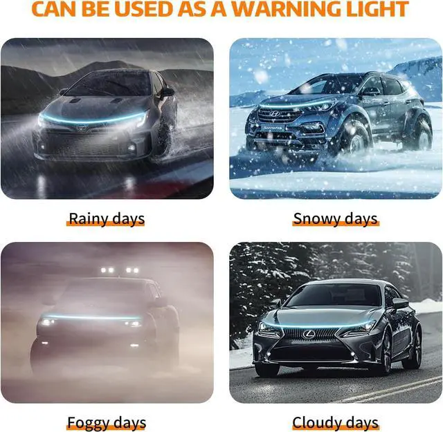 Alt view image 5 of 6 - Car Hood LED Light Strip Exterior Flexible Dynamic Scan Daytime Running for Hoodbeam Kit 12v Silicone Waterproof Lights for Cars SUVs(Ice Blue,70IN)