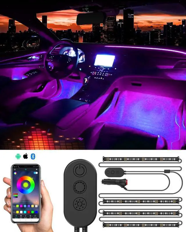 Main image of SUNPIE Car LED Lights Interior, RGB Universal LED Strip Smart Lighting w/Multi-Color App Control Waterproof LED Atmosphere Car Lights w/48 LED Chip 8.8ft Length and DC 12V Car Charger Sync to Music