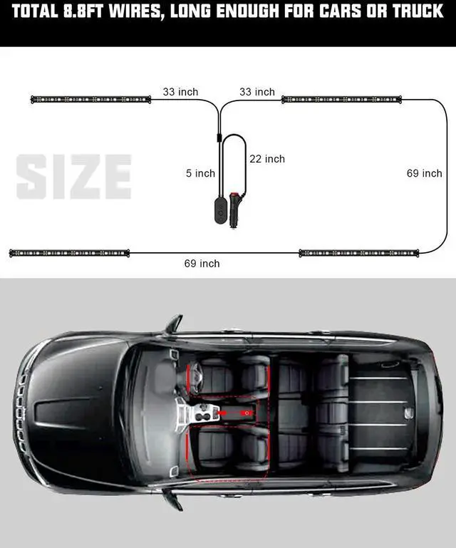 Alt view image 3 of 7 - SUNPIE Car LED Lights Interior, RGB Universal LED Strip Smart Lighting w/Multi-Color App Control Waterproof LED Atmosphere Car Lights w/48 LED Chip 8.8ft Length and DC 12V Car Charger Sync to Music