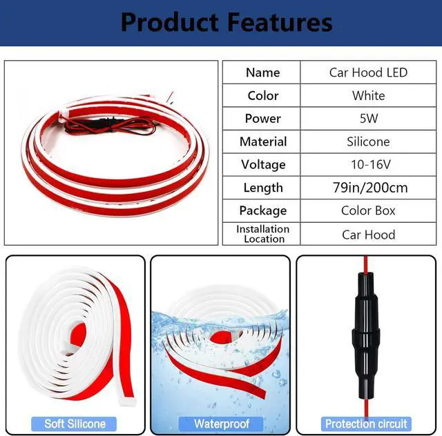Alt view image 2 of 6 - Flexible Car Hood Light Strip, 79 Inches Dynamic LED Daytime Running Light for Car, Truck, SUV, White Light,Easy to Install and Waterproof