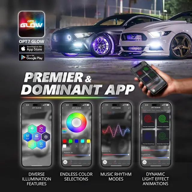Alt view image 2 of 7 - OPT7 Aura Pro Wheel Well Lights Kit with APP & Remote Control, 4pc 24" Waterproof LED Strips, Music Sync, RGB Multi-Color Modes Neon Tire Rim Lights for Car Truck SUV Van