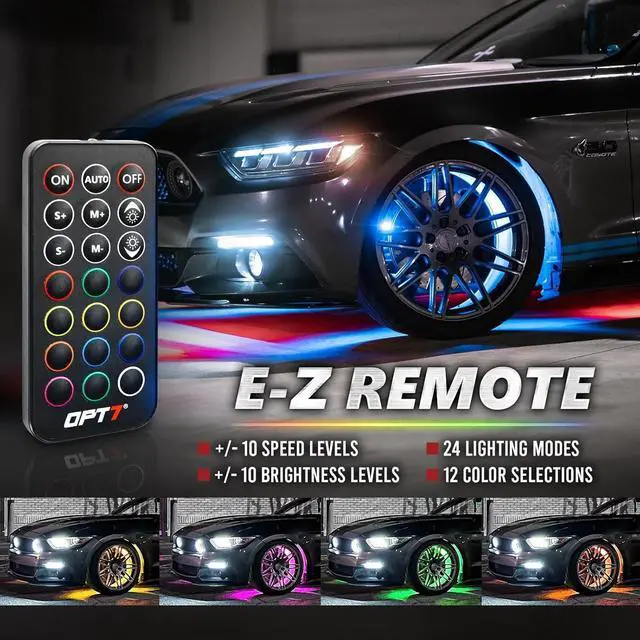 Alt view image 3 of 7 - OPT7 Aura Pro Wheel Well Lights Kit with APP & Remote Control, 4pc 24" Waterproof LED Strips, Music Sync, RGB Multi-Color Modes Neon Tire Rim Lights for Car Truck SUV Van