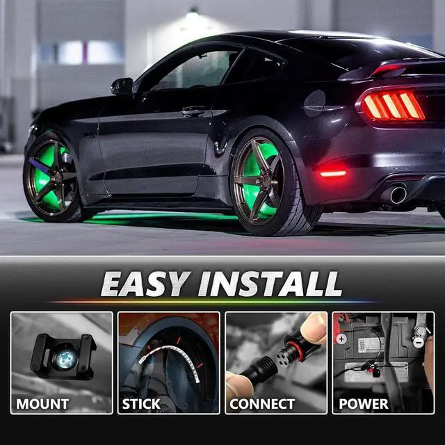 Alt view image 4 of 7 - OPT7 Aura Pro Wheel Well Lights Kit with APP & Remote Control, 4pc 24" Waterproof LED Strips, Music Sync, RGB Multi-Color Modes Neon Tire Rim Lights for Car Truck SUV Van