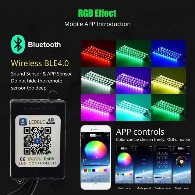 Alt view image 3 of 7 - Atmosphere LED Car Lights,4pcs 48 LEDs RGB Bluetooth APP Control Car Interior LED Strip Music Lighting Kits for DIY Indoor Party.Car Cigarettet,DC 12V.