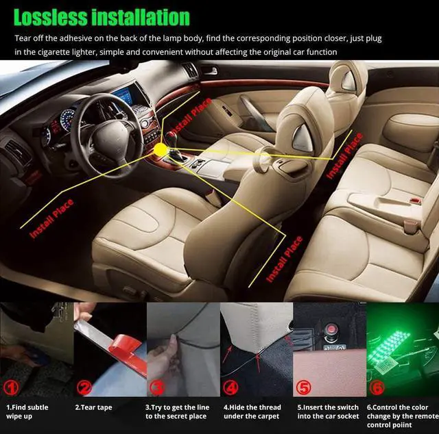 Alt view image 6 of 7 - Atmosphere LED Car Lights,4pcs 48 LEDs RGB Bluetooth APP Control Car Interior LED Strip Music Lighting Kits for DIY Indoor Party.Car Cigarettet,DC 12V.