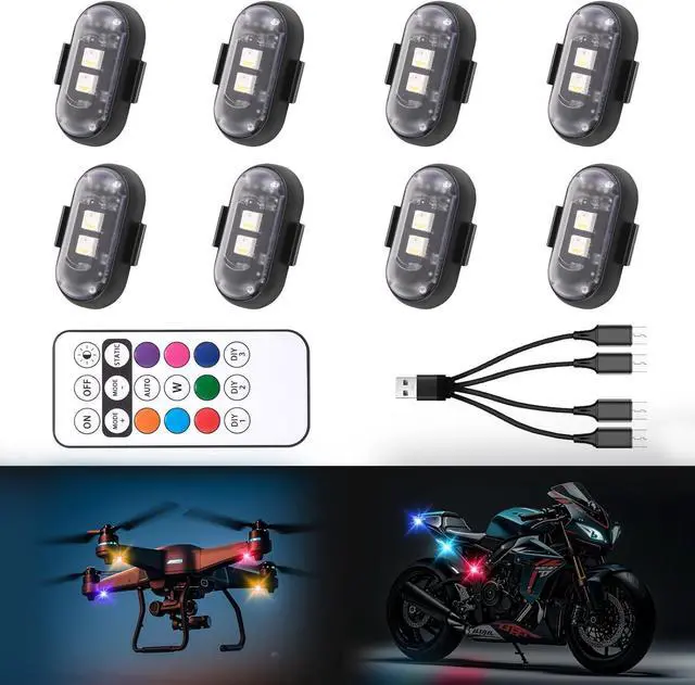 Main image of 8PCS Wireless LED Strobe Lights with Remote Control,8 Colors Waterproof Anti-Collision USB Charing Led Warning Light, High Brightness Wireless LED Lights for Car Drone Truck Motorcycle Aircraft Bike
