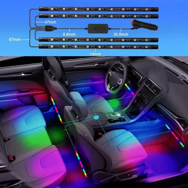 Alt view image 5 of 7 - RGB LED Car Interior Light Strips with App Controls, Footwell Lighting for Car,Interior Car Lights with DIY Music Mode,72 LEDs Car Lights