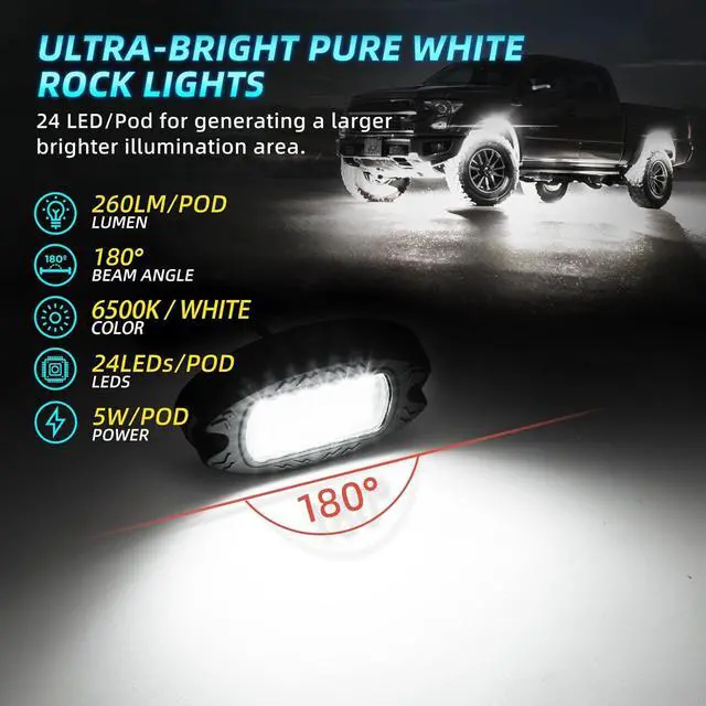 Alt view image 2 of 7 - 4Pods Metal Bright Pure White LED Rock Lights Kit with Switch Wiring Harness, 6500K 24LEDs Neon Underglow Light Aluminum Waterproof Fender Lights for Trucks Trailer Jeep Off Road ATV UTV
