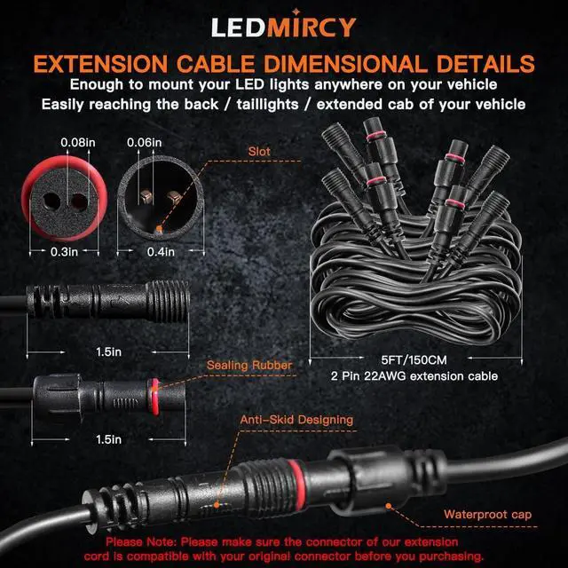 Alt view image 2 of 7 - LEDMIRCY LED Rock Lights Extension Cable Wire Cord 2Pin Waterproof 4PCS 5ft 22AWG with Male to Female Connectors 11mm Nut Size for Wheel Lights Driving Fog Light for Truck(Only for Single Color)
