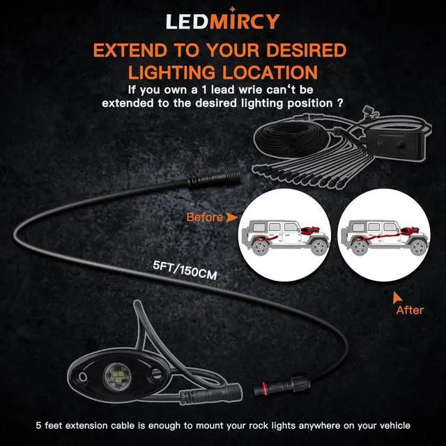 Alt view image 3 of 7 - LEDMIRCY LED Rock Lights Extension Cable Wire Cord 2Pin Waterproof 4PCS 5ft 22AWG with Male to Female Connectors 11mm Nut Size for Wheel Lights Driving Fog Light for Truck(Only for Single Color)