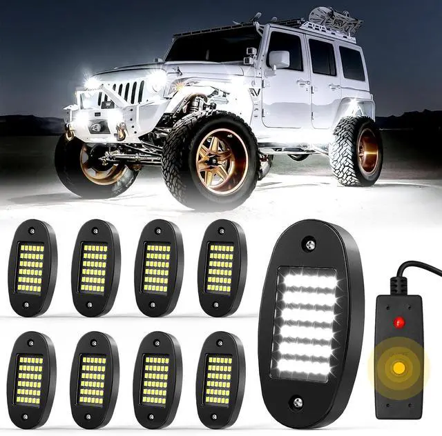 Main image of 8 Pods White Rock Light Kit with Wired Switch - 6500K Pure White LED Underglow, IP68 Waterproof, Super Bright 36 LEDs for Trailer Off Road SUV UTV ATV RZR Car