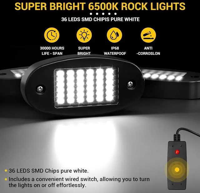 Alt view image 3 of 6 - 8 Pods White Rock Light Kit with Wired Switch - 6500K Pure White LED Underglow, IP68 Waterproof, Super Bright 36 LEDs for Trailer Off Road SUV UTV ATV RZR Car