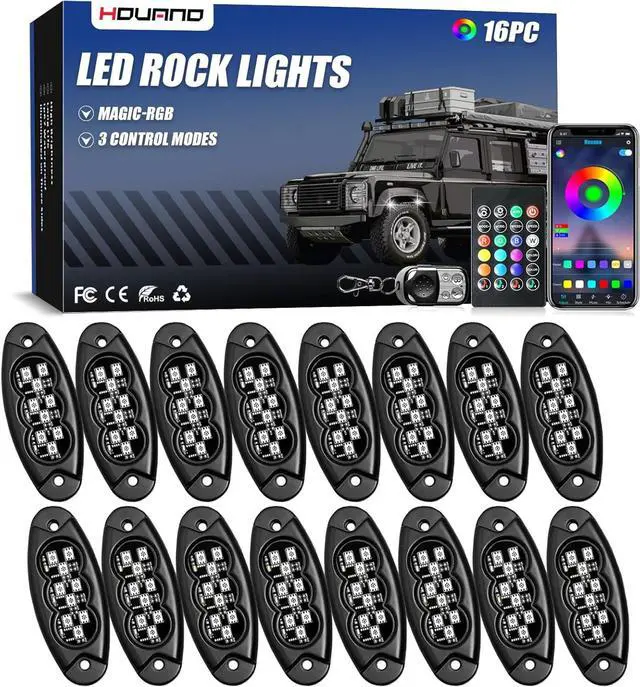 Main image of RGB LED Rock Lights, 16 Pods Waterproof Magic-RGB Multicolor Chasing Neon Underglow Music Lighting Kit with APP/RF Control for Jeep ATV RZR UTV SUV Off Road Car (16 Pods)