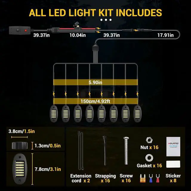 Alt view image 6 of 6 - 8 Pods White Rock Light Kit with Wired Switch - 6500K Pure White LED Underglow, IP68 Waterproof, Super Bright 36 LEDs for Trailer Off Road SUV UTV ATV RZR Car