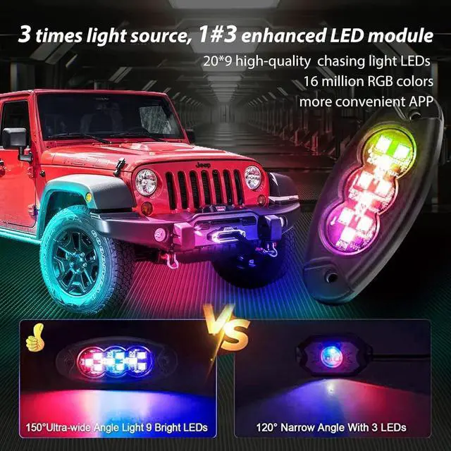 Alt view image 2 of 7 - RGB LED Rock Lights, 16 Pods Waterproof Magic-RGB Multicolor Chasing Neon Underglow Music Lighting Kit with APP/RF Control for Jeep ATV RZR UTV SUV Off Road Car (16 Pods)