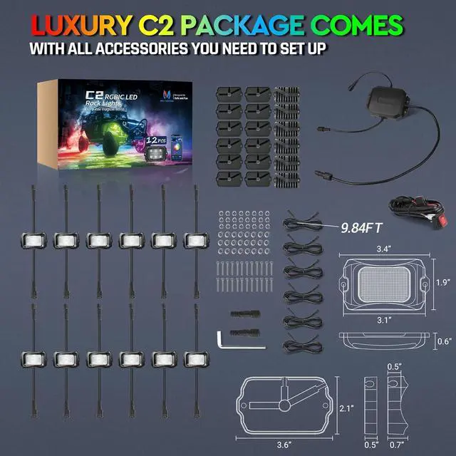 Alt view image 6 of 7 - MICTUNING C2 Max RGB+IC Chasing Color LED Rock Lights - 12 Pods Underglow Lighting Kit, Dynamic Lighting Modes, Extensible Up to 24 Pods with Stable APP Control, IP68 Waterproof, DIY Effect