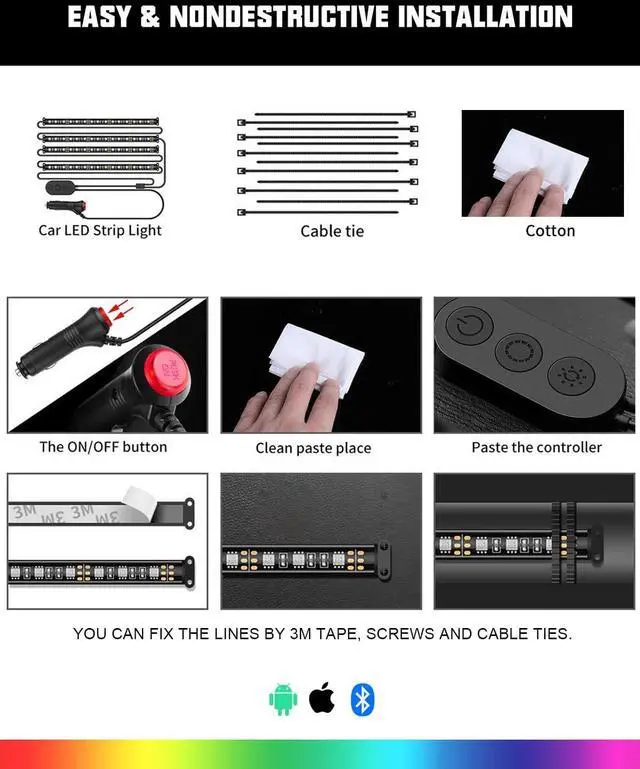 Alt view image 4 of 7 - SUNPIE Car LED Lights Interior, RGB Universal LED Strip Smart Lighting w/Multi-Color App Control Waterproof LED Atmosphere Car Lights w/48 LED Chip 8.8ft Length and DC 12V Car Charger Sync to Music