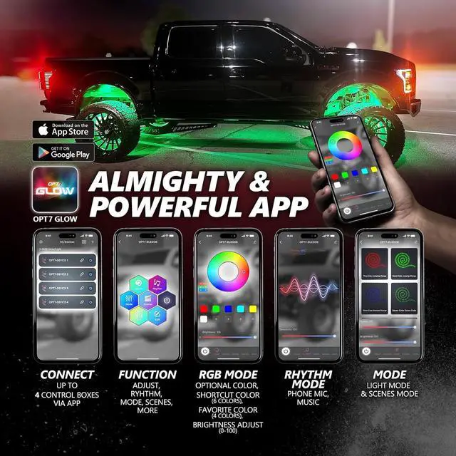 Alt view image 2 of 7 - OPT7 Quantum Pro RGBW LED Rock Lights with Bluetooth APP and Remote Control, 4 Pods Wide Angle Multicolor Neon Underglow Lighting Kit with Extension Wire, IP68 Waterproof for Offroad Truck ATV UTV SUV