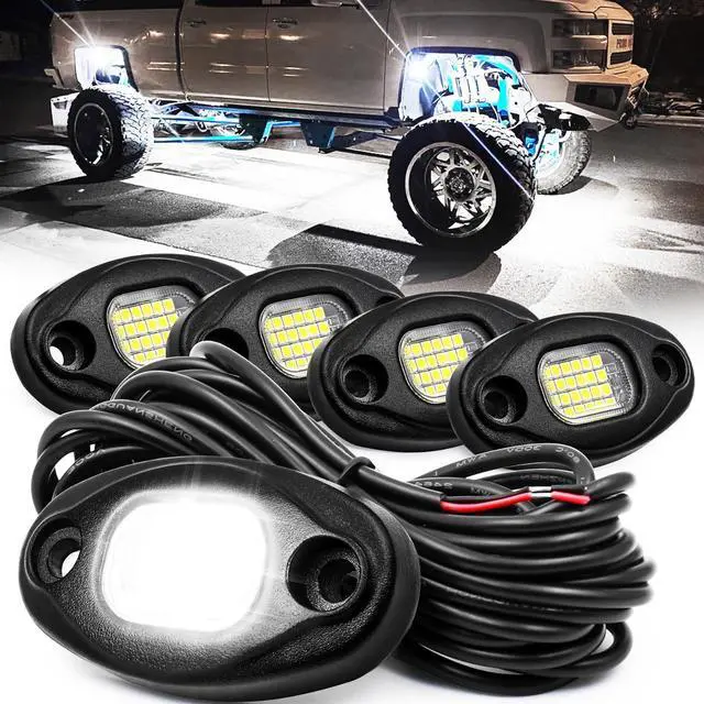 Main image of Rock Lights for Trucks & Off-Road Vehicles - 15ft Cables, IP68 Waterproof, Aircraft Aluminum, 6000K Pure White Lights Universal Fit for Jeep, RV, UTV, ATV, Boat, Tractor