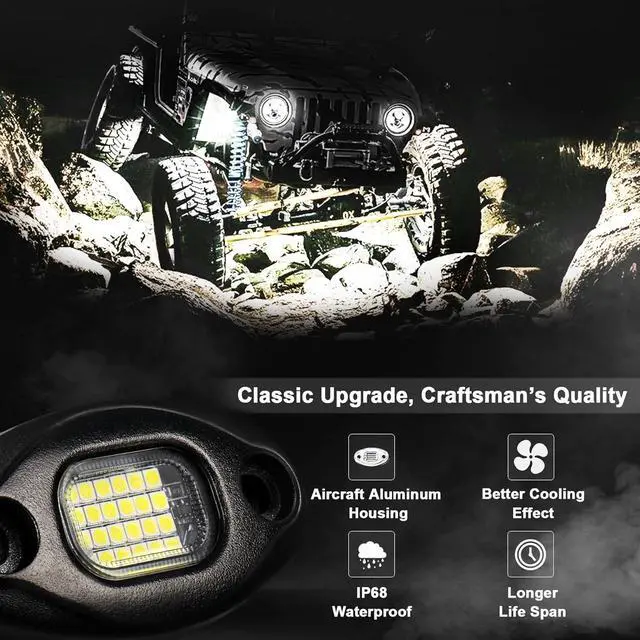 Alt view image 2 of 7 - Rock Lights for Trucks & Off-Road Vehicles - 15ft Cables, IP68 Waterproof, Aircraft Aluminum, 6000K Pure White Lights Universal Fit for Jeep, RV, UTV, ATV, Boat, Tractor