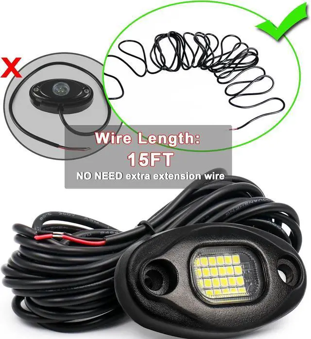 Alt view image 4 of 7 - Rock Lights for Trucks & Off-Road Vehicles - 15ft Cables, IP68 Waterproof, Aircraft Aluminum, 6000K Pure White Lights Universal Fit for Jeep, RV, UTV, ATV, Boat, Tractor