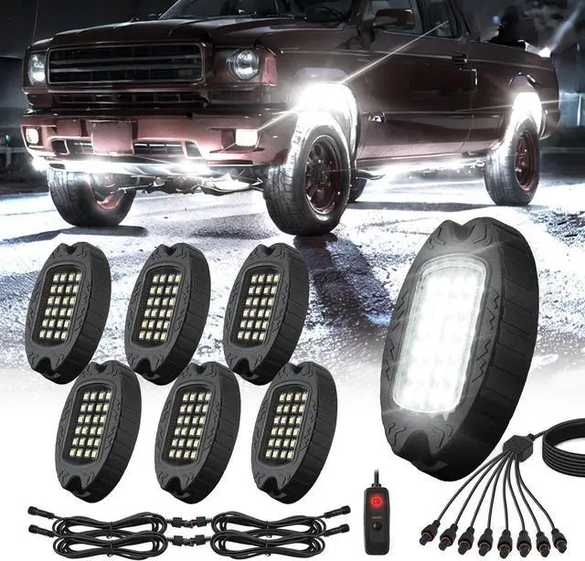 Main image of 6 Pods Metal LED White Rock Lights for ATV SUV UTV RZR Car Trailer Truck Offroad, Alloy 6000K 24 LEDs Pure White Neon Underglow Light with Switch Extension Harness Under Trail Rig Fender Lighting