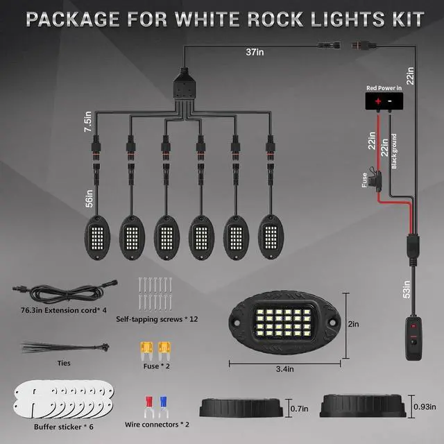 Alt view image 6 of 7 - 6 Pods Metal LED White Rock Lights for ATV SUV UTV RZR Car Trailer Truck Offroad, Alloy 6000K 24 LEDs Pure White Neon Underglow Light with Switch Extension Harness Under Trail Rig Fender Lighting