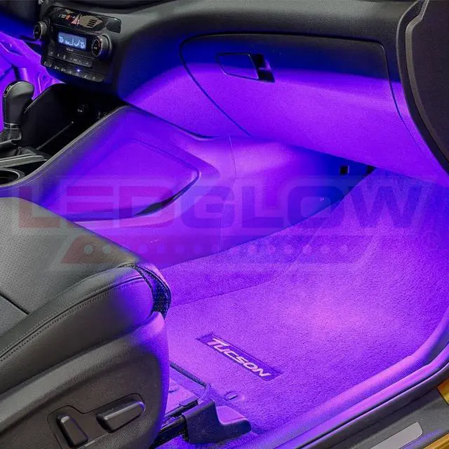 Alt view image 5 of 6 - LEDGlow 4pc Purple LED Interior Footwell Underdash Neon Lighting Kit for Cars & Trucks - 7 Unique Patterns - Music Mode - 8 Brightness Levels - Auto Illumination - Includes Cigarette Power Adapter