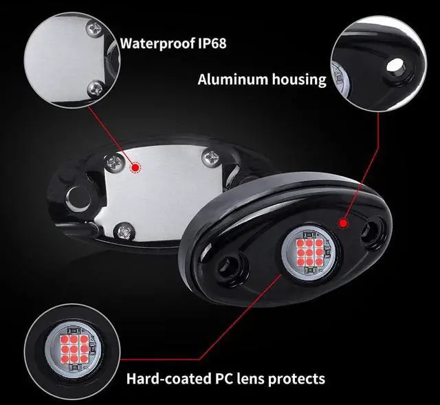 Alt view image 3 of 7 - LED Rock Lights 4 Pods Red LED Underglow Light Kit Waterproof IP68 for Car Truck ATV SUV Boat Underbody Glow Trail Rig Lamp