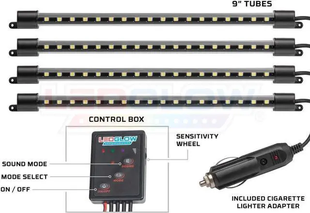Alt view image 2 of 6 - LEDGlow 4pc Purple LED Interior Footwell Underdash Neon Lighting Kit for Cars & Trucks - 7 Unique Patterns - Music Mode - 8 Brightness Levels - Auto Illumination - Includes Cigarette Power Adapter