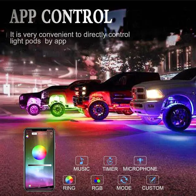 Alt view image 2 of 7 - Rock Lights for Trucks, 8 Pods Underglow RGB Neon Lights with App Control, Music Mode, High Bright Waterproof IP68 Wheel Well Light, Rock Light Kit for Cars, Trucks Accessorie