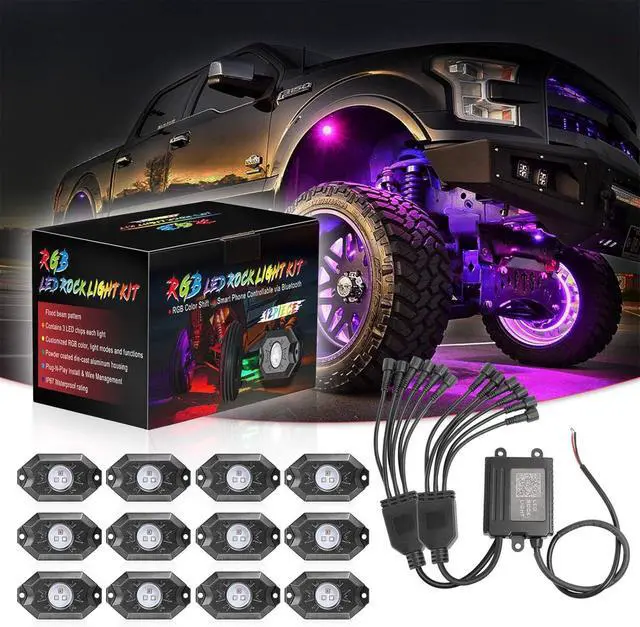 Main image of Rock Lights RGB 12 Pods, SWATOW 4x4 Multicolor Neon Rocks Kit LED Underglow Wheel Well Light with Bluetooth Controller Waterproof Bottom Rock Lights for Trucks Pickup Jeep Off Road UTV ATV Car
