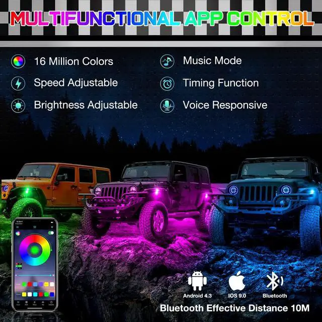 Alt view image 3 of 7 - Rock Lights RGB 12 Pods, SWATOW 4x4 Multicolor Neon Rocks Kit LED Underglow Wheel Well Light with Bluetooth Controller Waterproof Bottom Rock Lights for Trucks Pickup Jeep Off Road UTV ATV Car