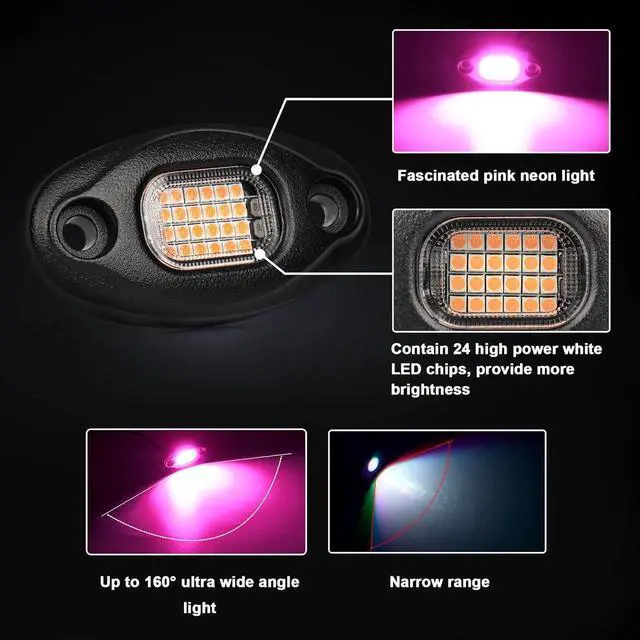 Alt view image 3 of 7 - Rock Lights, 4 PCS ALIGZ 24 LED Rock Lights for Trucks UTV ATV RZR, Pink Underglow Light with 15FT Wiring Harness