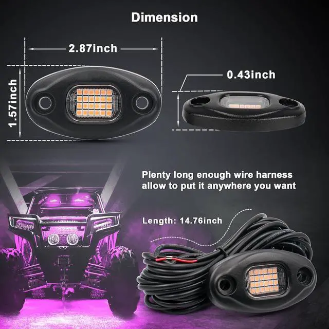 Alt view image 4 of 7 - Rock Lights, 4 PCS ALIGZ 24 LED Rock Lights for Trucks UTV ATV RZR, Pink Underglow Light with 15FT Wiring Harness
