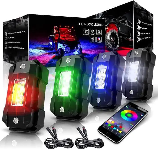 Main image of R4 RGBW LED Rock Lights Kit 4Pods with Bluetooth APP Controller for Trucks Off Road RZR ATV Super Bright Brake Light Underbody Multicolor Neon Lights Waterproof Shockproof