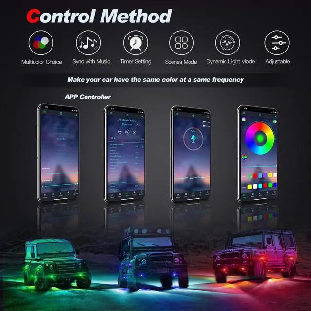 Alt view image 2 of 7 - R4 RGBW LED Rock Lights Kit 4Pods with Bluetooth APP Controller for Trucks Off Road RZR ATV Super Bright Brake Light Underbody Multicolor Neon Lights Waterproof Shockproof
