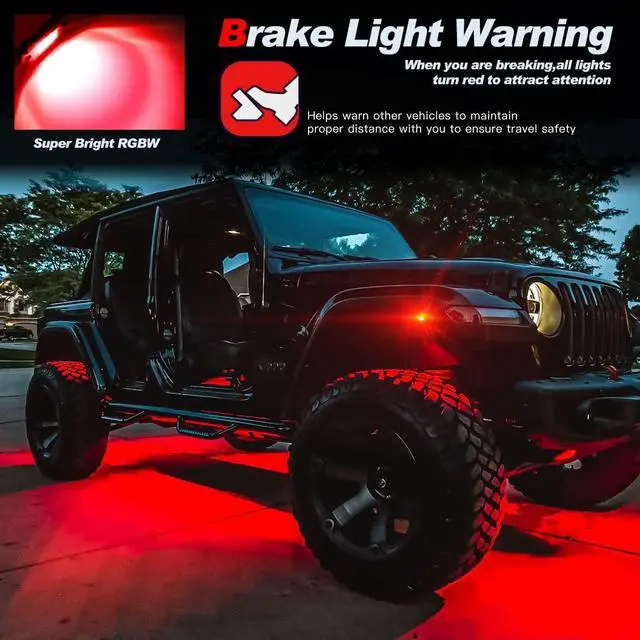 Alt view image 4 of 7 - R4 RGBW LED Rock Lights Kit 4Pods with Bluetooth APP Controller for Trucks Off Road RZR ATV Super Bright Brake Light Underbody Multicolor Neon Lights Waterproof Shockproof