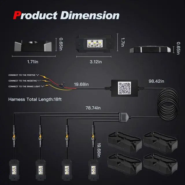 Alt view image 6 of 7 - R4 RGBW LED Rock Lights Kit 4Pods with Bluetooth APP Controller for Trucks Off Road RZR ATV Super Bright Brake Light Underbody Multicolor Neon Lights Waterproof Shockproof