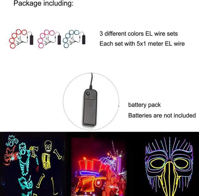 Alt view image 3 of 7 - Portable Neon Lights EL Wire 5-in-1 Meter, Electroluminescent Wire for Halloween Decorations, Christmas Parties, Blacklight Runs, DIY Decorations, and More (3 Packs of 5-in-1M).