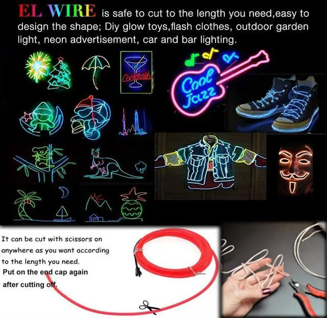 Alt view image 6 of 7 - Portable Neon Lights EL Wire 5-in-1 Meter, Electroluminescent Wire for Halloween Decorations, Christmas Parties, Blacklight Runs, DIY Decorations, and More (3 Packs of 5-in-1M).