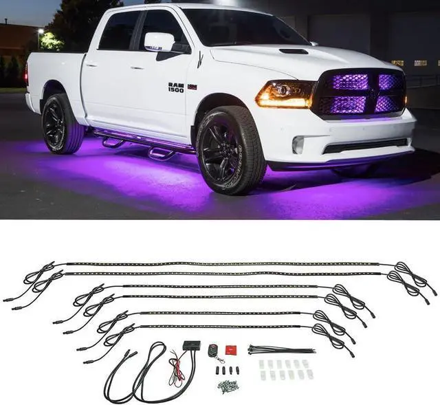Main image of LEDGlow 6pc Purple Flexible Truck Slimline LED Underbody Underglow Accent Neon Lighting Kit - 4 Unique Patterns - Water Resistant, Low Profile Tubes - Includes Control Box & Remote