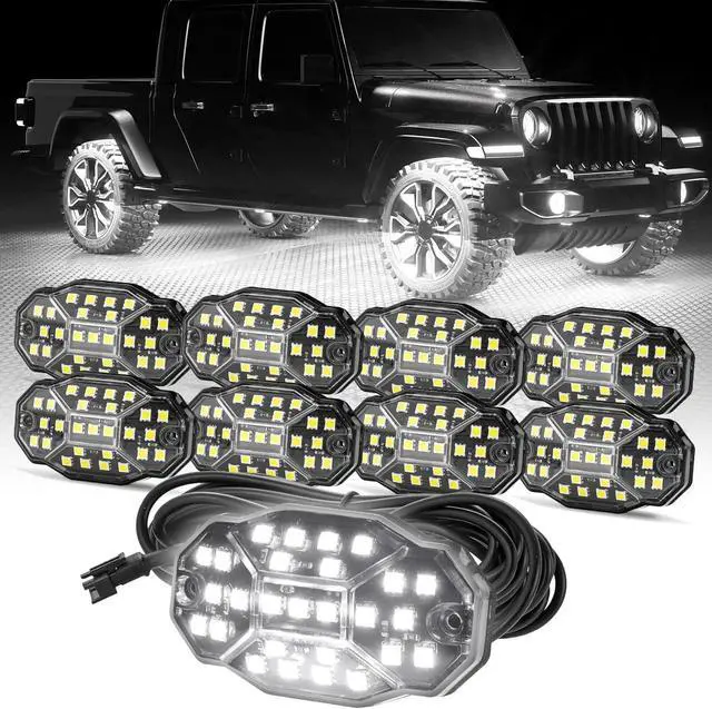 Main image of Winunite 8 Pods Quick Connect White Rock Lights, 27 Full Beam Angle Chips, 4M Extension Wires Each Light, 6000K Pure White, Waterproof Rock Lights for Trucks Trailer Cars SUV ATV UTV Boats
