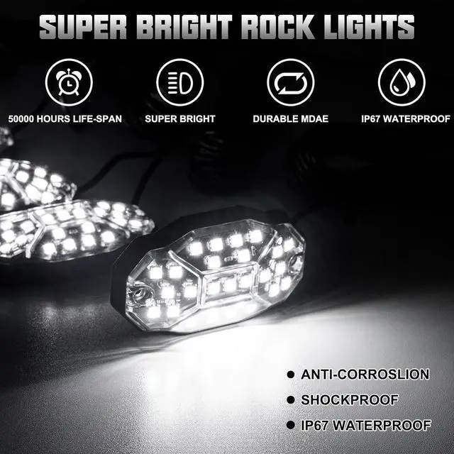 Alt view image 2 of 5 - Winunite 8 Pods Quick Connect White Rock Lights, 27 Full Beam Angle Chips, 4M Extension Wires Each Light, 6000K Pure White, Waterproof Rock Lights for Trucks Trailer Cars SUV ATV UTV Boats